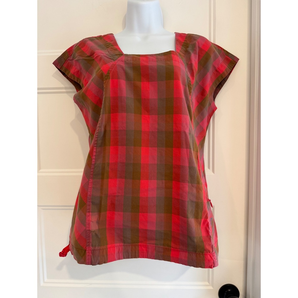 Arcteryx Destina Shirt Red Brown Plaid Square Neck Cap Sleeve Top Size Medium
